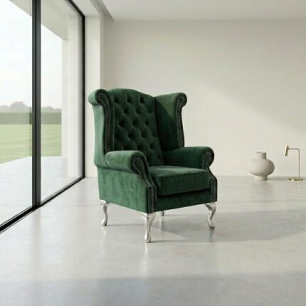 Green Chrome Legs Queen Anne Chair Comfort Kingdom UK