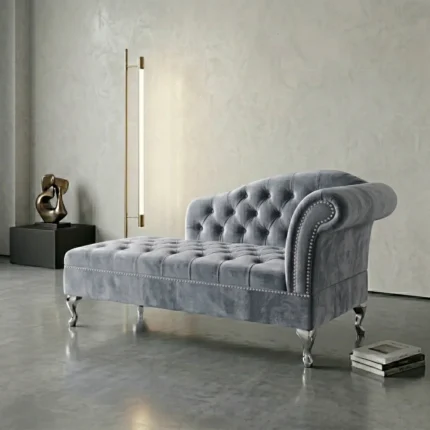 Grey tufted Chaise Lounge Chrome Legs Comfort Kingdom UK